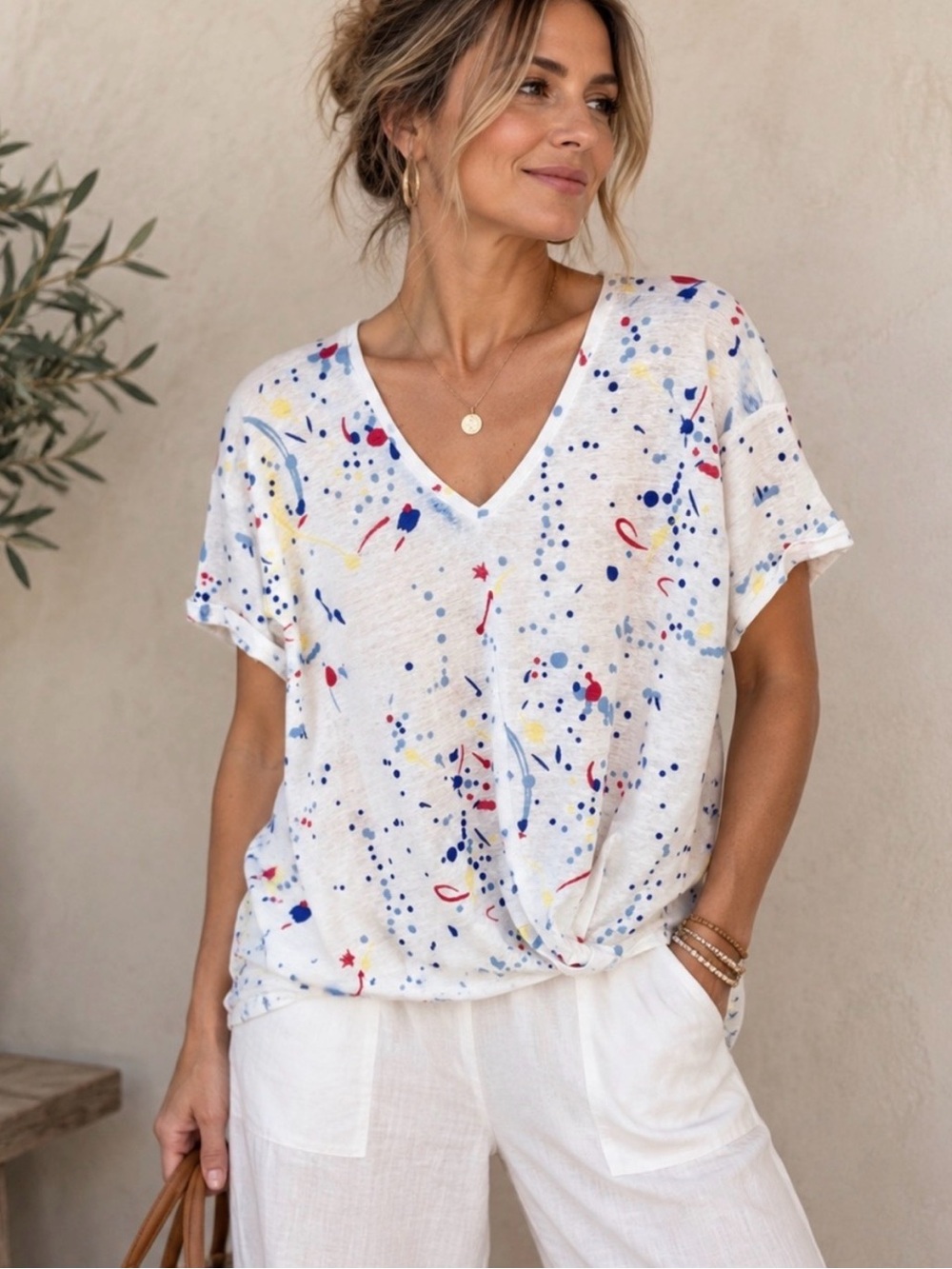 CHARLIE B White V-Neck Linen Short Sleeve Top with Multi Color Splash Print Sz S